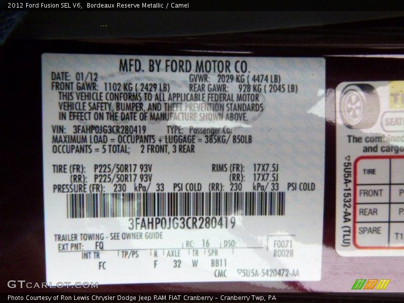Bordeaux Reserve Metallic / Camel 2012 Ford Fusion SEL V6