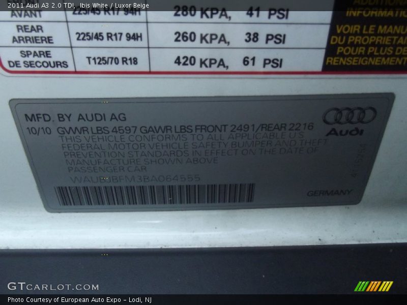 Info Tag of 2011 A3 2.0 TDI