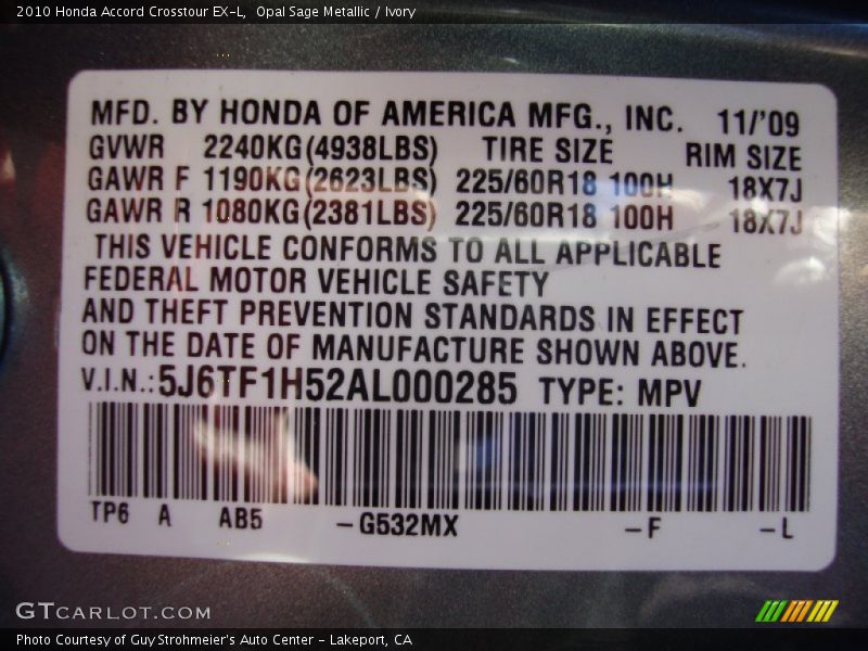 Opal Sage Metallic / Ivory 2010 Honda Accord Crosstour EX-L