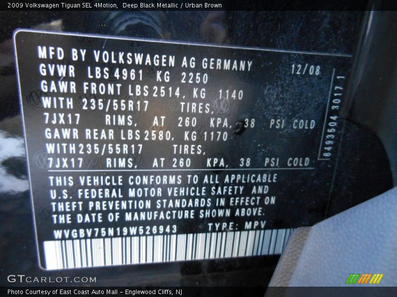 Deep Black Metallic / Urban Brown 2009 Volkswagen Tiguan SEL 4Motion