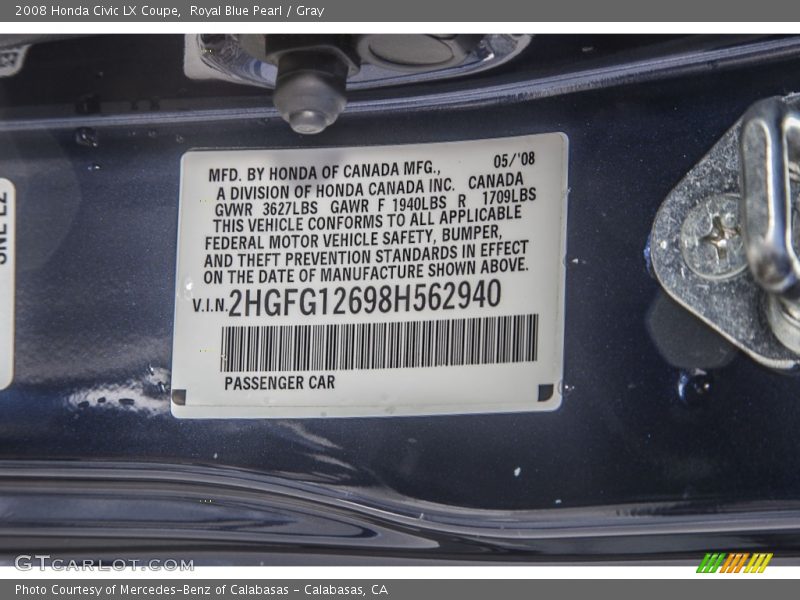Royal Blue Pearl / Gray 2008 Honda Civic LX Coupe