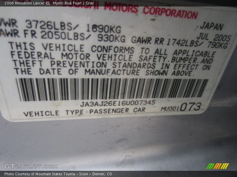 Mystic Blue Pearl / Gray 2006 Mitsubishi Lancer ES