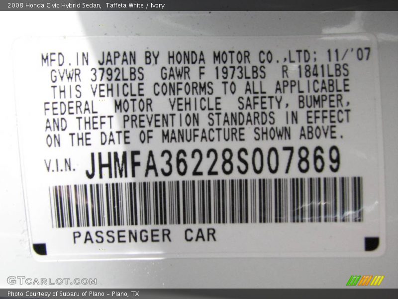 Taffeta White / Ivory 2008 Honda Civic Hybrid Sedan