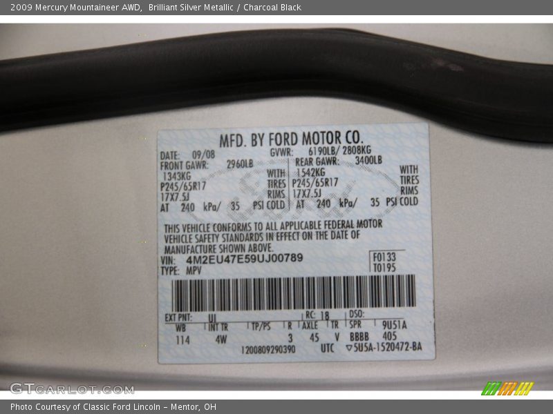 2009 Mountaineer AWD Brilliant Silver Metallic Color Code UI