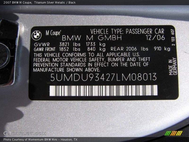 Titanium Silver Metallic / Black 2007 BMW M Coupe