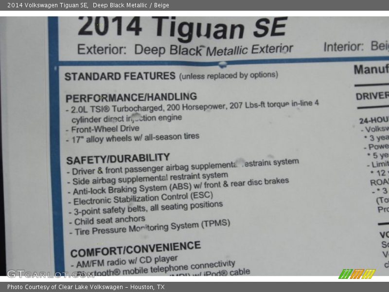  2014 Tiguan SE Window Sticker