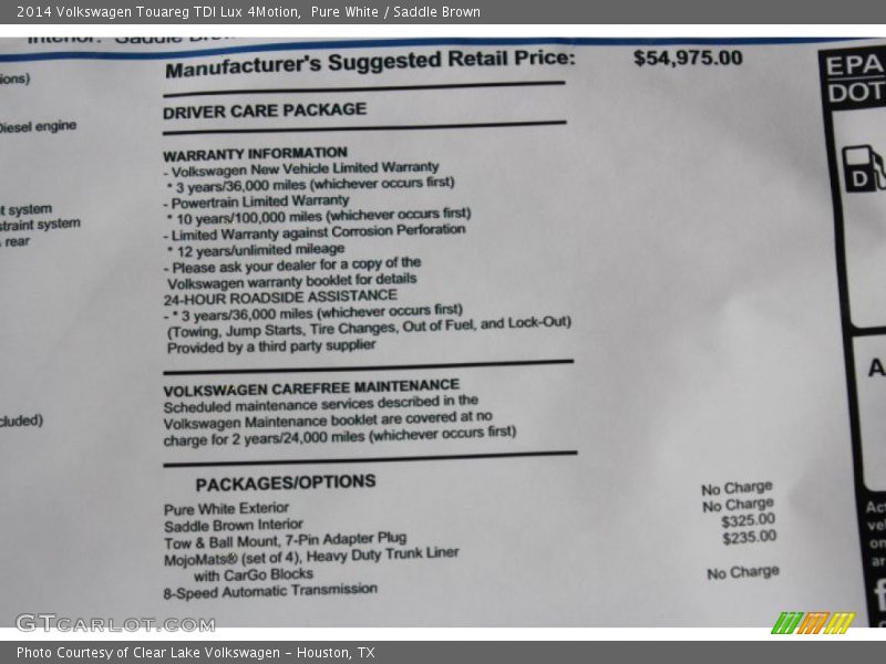 Pure White / Saddle Brown 2014 Volkswagen Touareg TDI Lux 4Motion