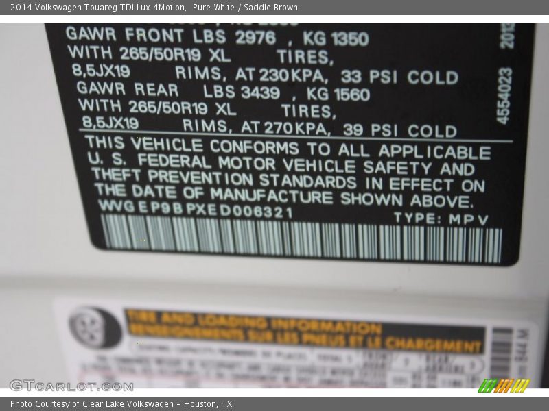 Pure White / Saddle Brown 2014 Volkswagen Touareg TDI Lux 4Motion