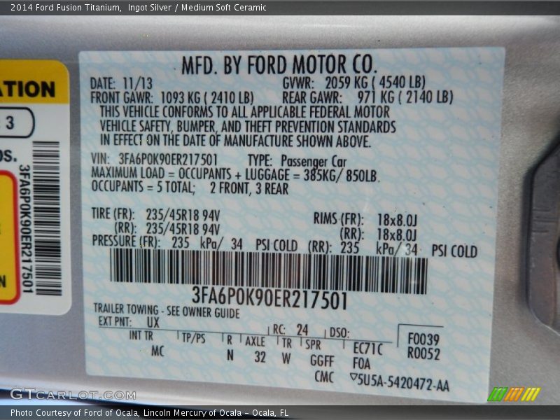 Ingot Silver / Medium Soft Ceramic 2014 Ford Fusion Titanium