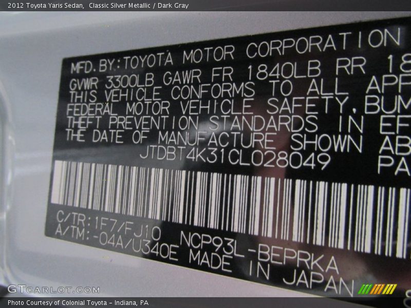 Classic Silver Metallic / Dark Gray 2012 Toyota Yaris Sedan