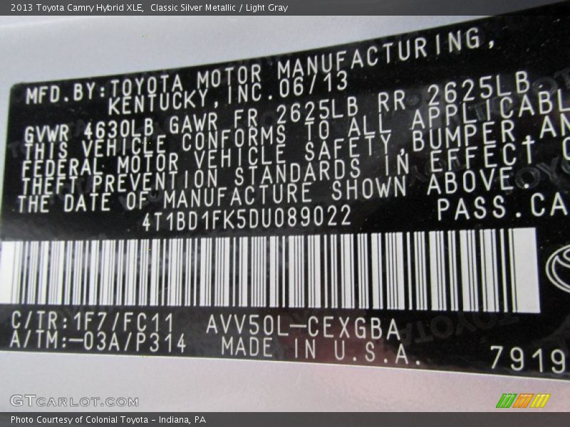 2013 Camry Hybrid XLE Classic Silver Metallic Color Code 1F7