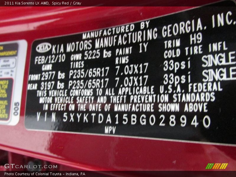 Spicy Red / Gray 2011 Kia Sorento LX AWD