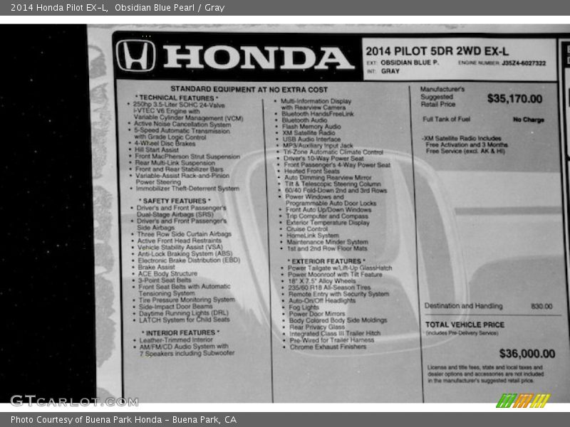 Obsidian Blue Pearl / Gray 2014 Honda Pilot EX-L