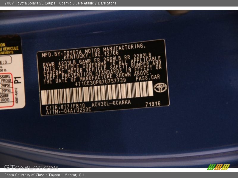 2007 Solara SE Coupe Cosmic Blue Metallic Color Code 8T7