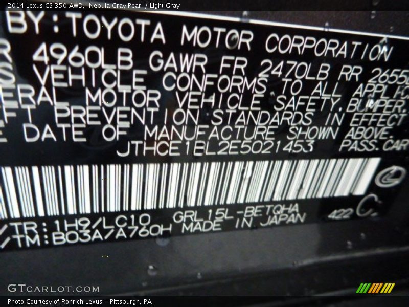 2014 GS 350 AWD Nebula Gray Pearl Color Code 1H9