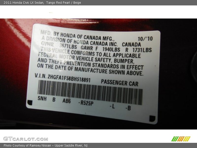 Tango Red Pearl / Beige 2011 Honda Civic LX Sedan