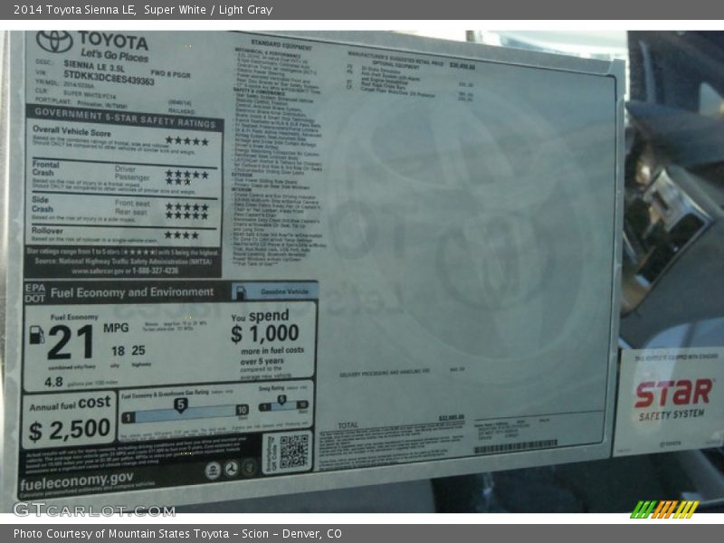 Super White / Light Gray 2014 Toyota Sienna LE