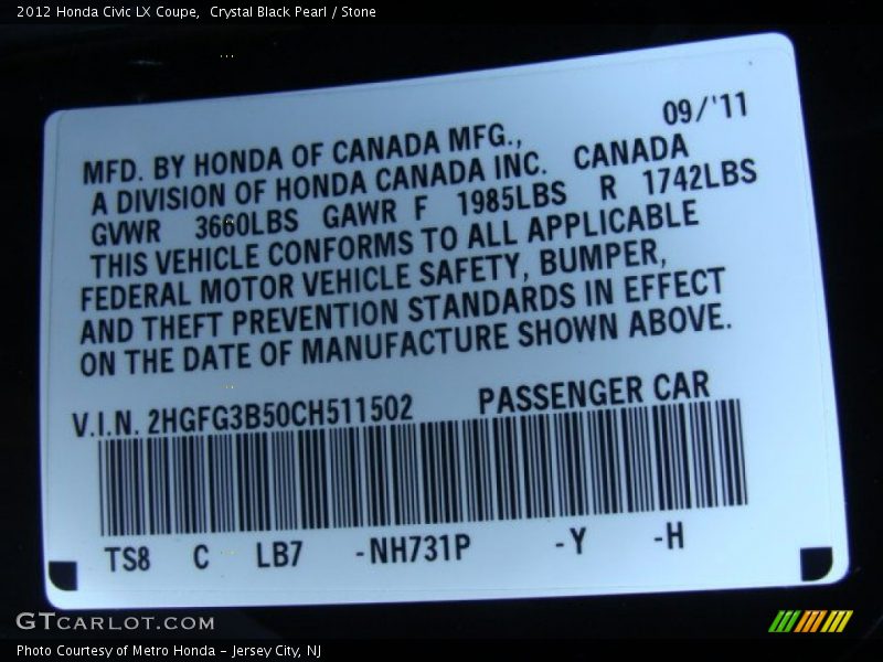 Crystal Black Pearl / Stone 2012 Honda Civic LX Coupe