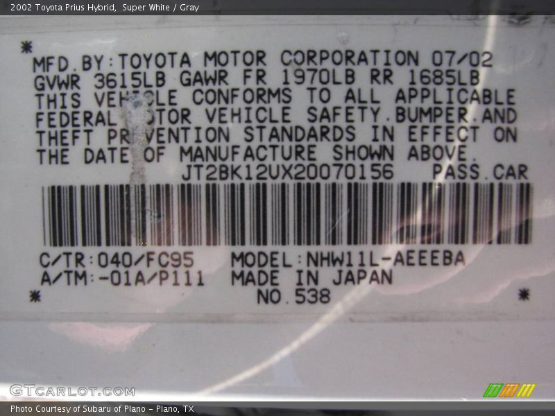 Super White / Gray 2002 Toyota Prius Hybrid