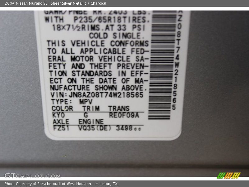 Sheer Silver Metallic / Charcoal 2004 Nissan Murano SL