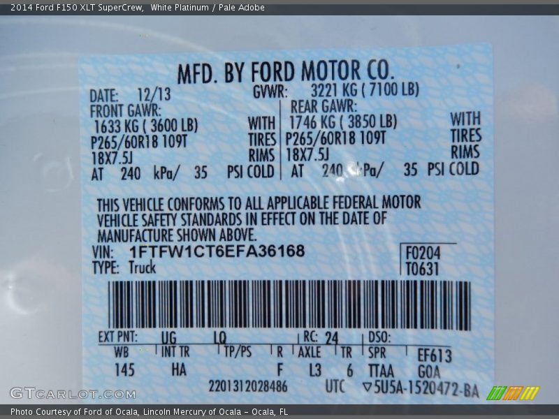 2014 F150 XLT SuperCrew White Platinum Color Code UG