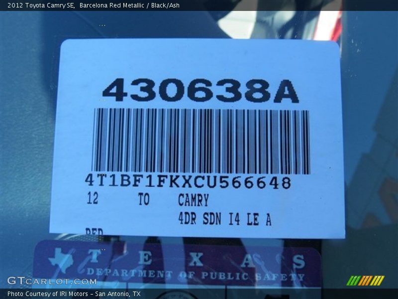 Barcelona Red Metallic / Black/Ash 2012 Toyota Camry SE