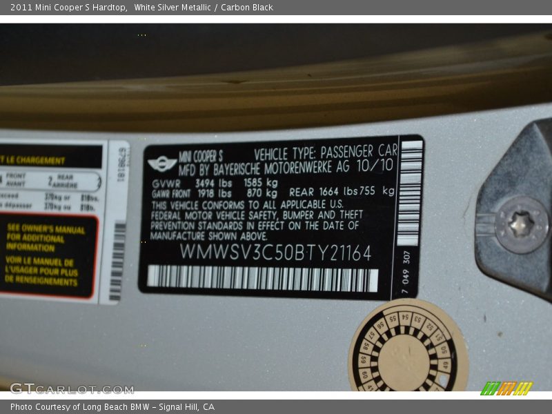 White Silver Metallic / Carbon Black 2011 Mini Cooper S Hardtop