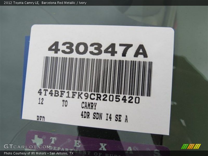 Barcelona Red Metallic / Ivory 2012 Toyota Camry LE
