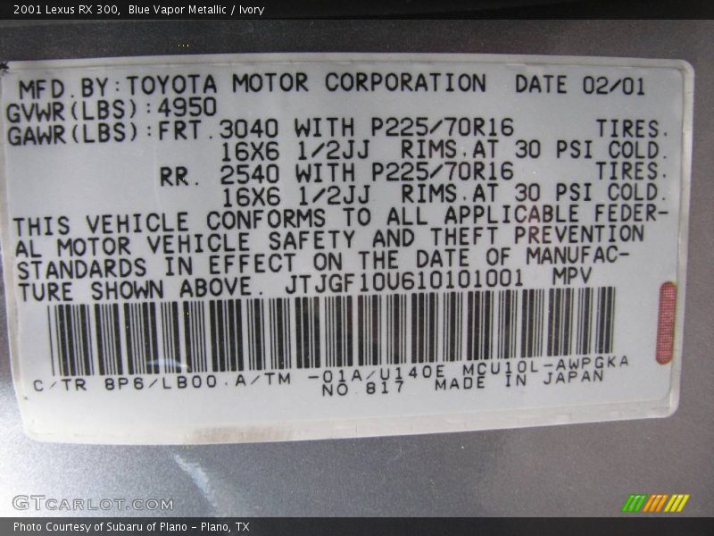 Blue Vapor Metallic / Ivory 2001 Lexus RX 300