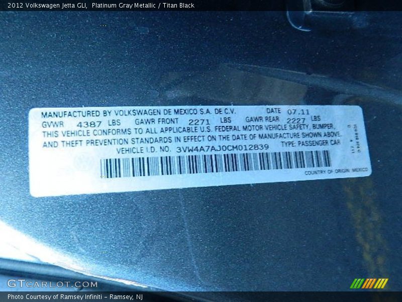 Platinum Gray Metallic / Titan Black 2012 Volkswagen Jetta GLI