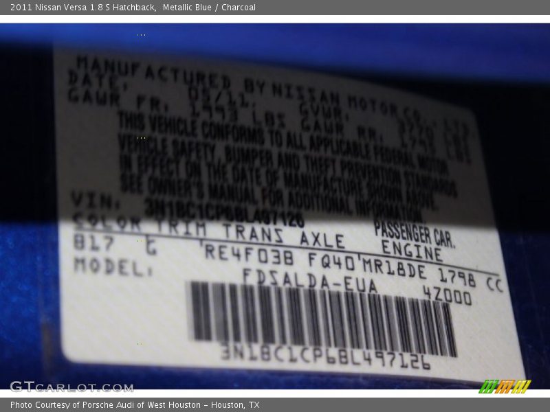 Metallic Blue / Charcoal 2011 Nissan Versa 1.8 S Hatchback