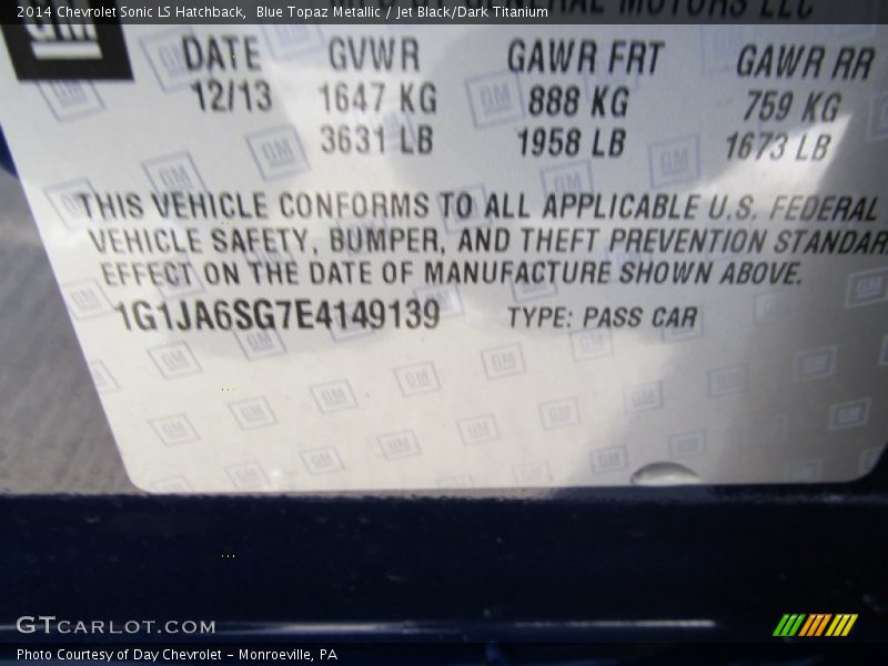 Blue Topaz Metallic / Jet Black/Dark Titanium 2014 Chevrolet Sonic LS Hatchback