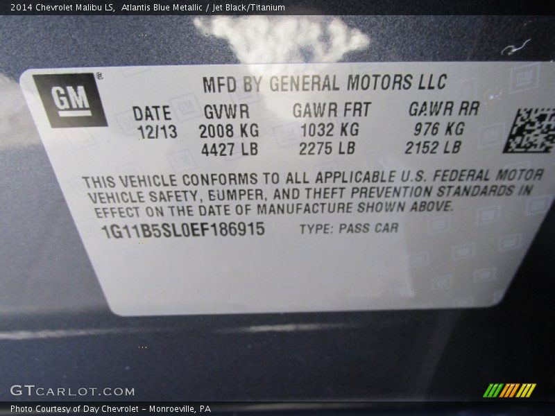 Atlantis Blue Metallic / Jet Black/Titanium 2014 Chevrolet Malibu LS
