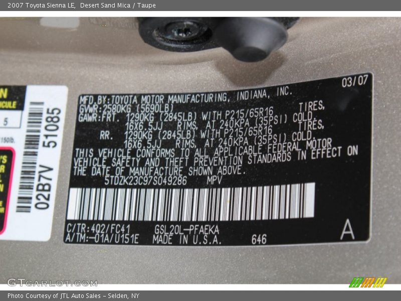 2007 Sienna LE Desert Sand Mica Color Code 4Q2