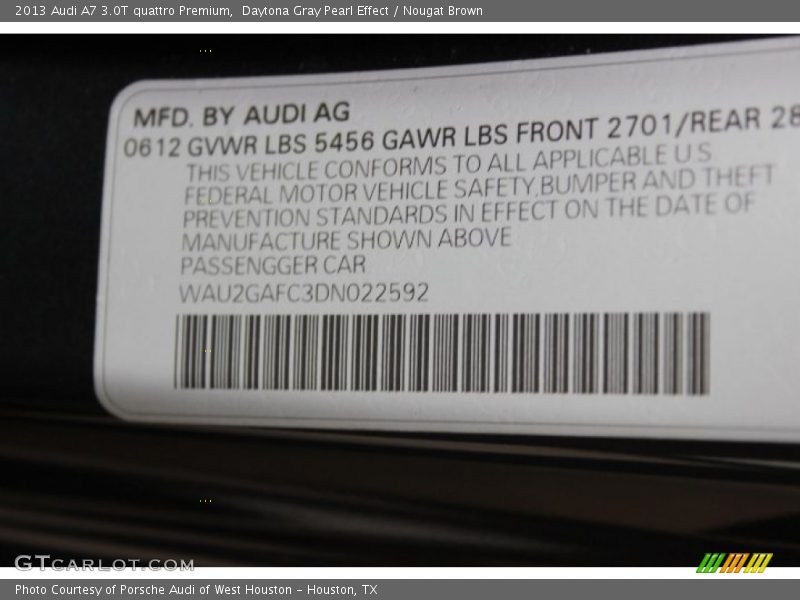 Daytona Gray Pearl Effect / Nougat Brown 2013 Audi A7 3.0T quattro Premium