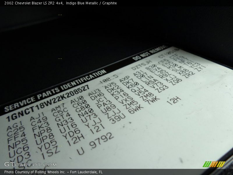 2002 Blazer LS ZR2 4x4 Indigo Blue Metallic Color Code 9792