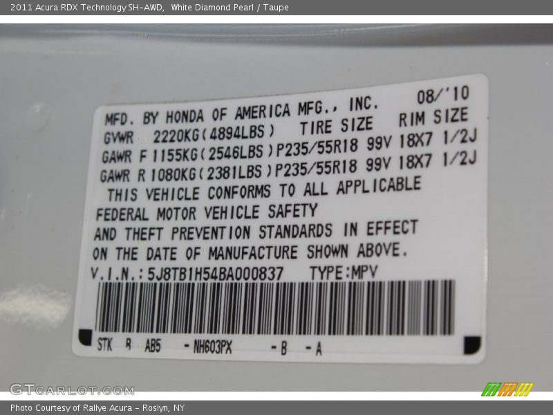 White Diamond Pearl / Taupe 2011 Acura RDX Technology SH-AWD