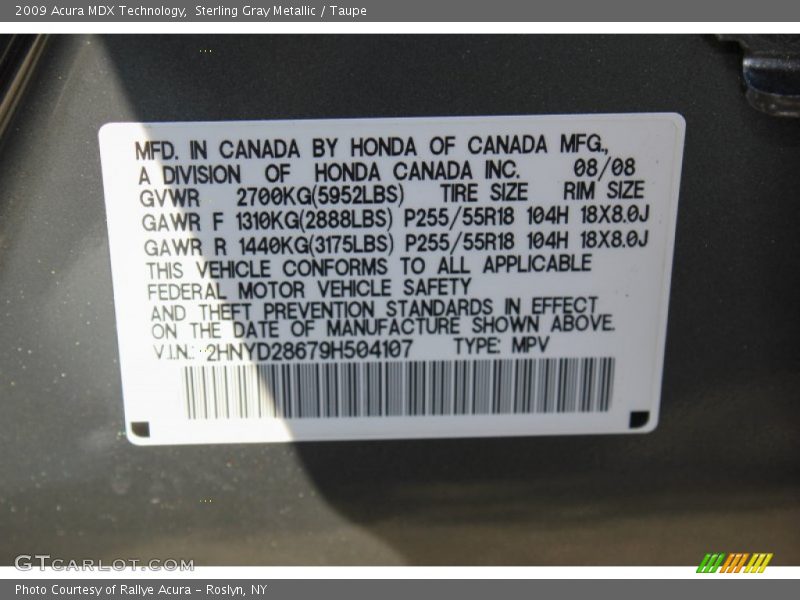 Sterling Gray Metallic / Taupe 2009 Acura MDX Technology