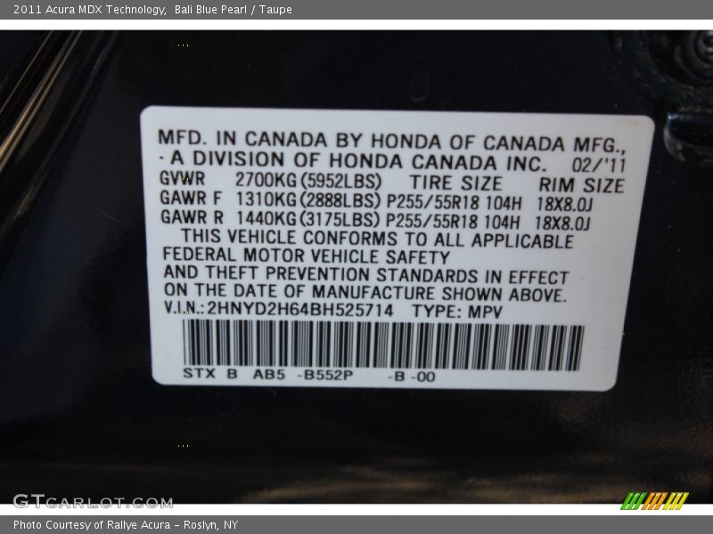 Bali Blue Pearl / Taupe 2011 Acura MDX Technology