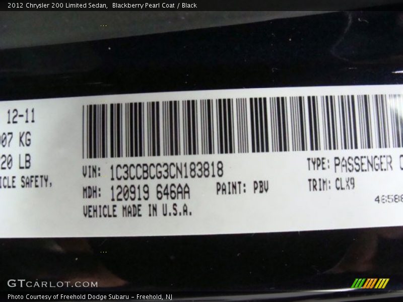 Blackberry Pearl Coat / Black 2012 Chrysler 200 Limited Sedan