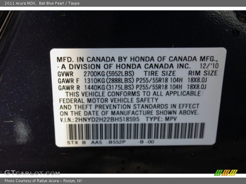 Bali Blue Pearl / Taupe 2011 Acura MDX