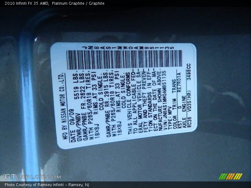 Platinum Graphite / Graphite 2010 Infiniti FX 35 AWD