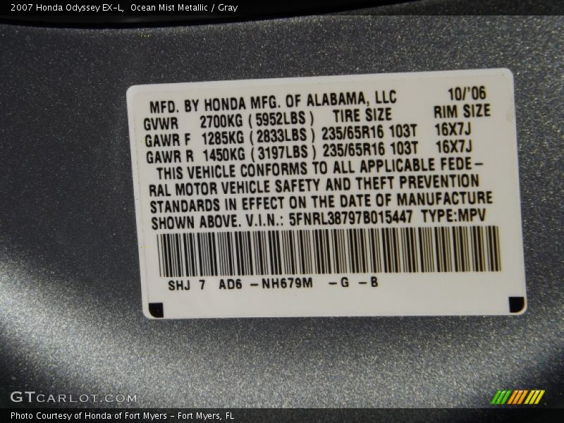 Ocean Mist Metallic / Gray 2007 Honda Odyssey EX-L