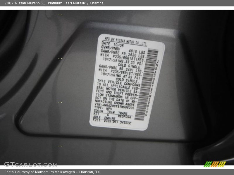 Platinum Pearl Matallic / Charcoal 2007 Nissan Murano SL