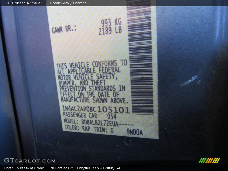 2011 Altima 2.5 S Ocean Gray Color Code RAP