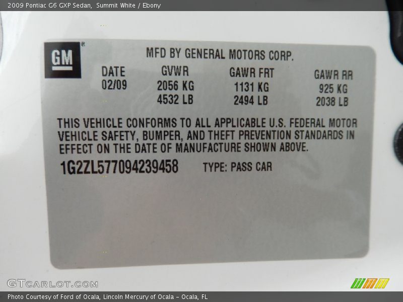 Info Tag of 2009 G6 GXP Sedan