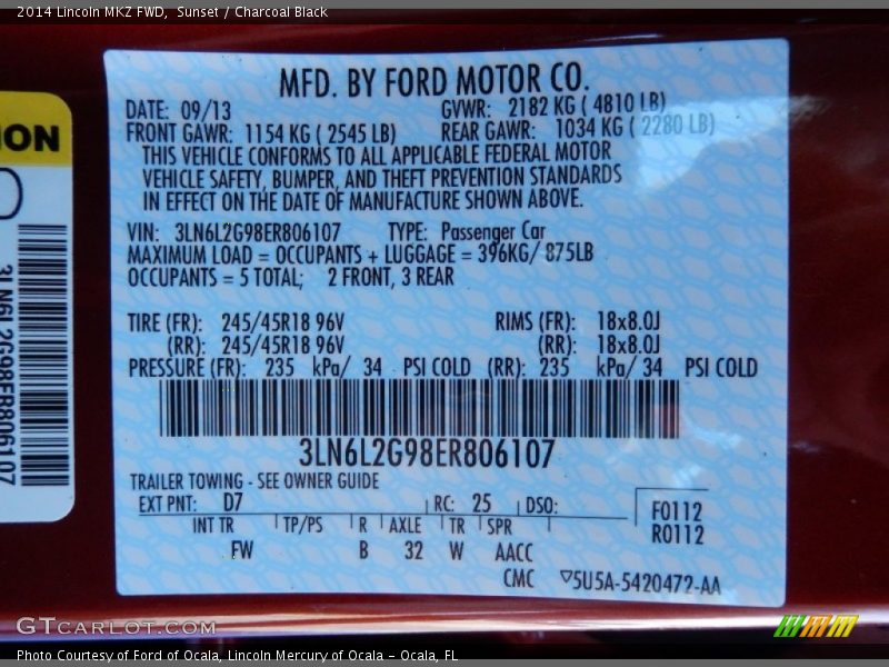 2014 MKZ FWD Sunset Color Code D7