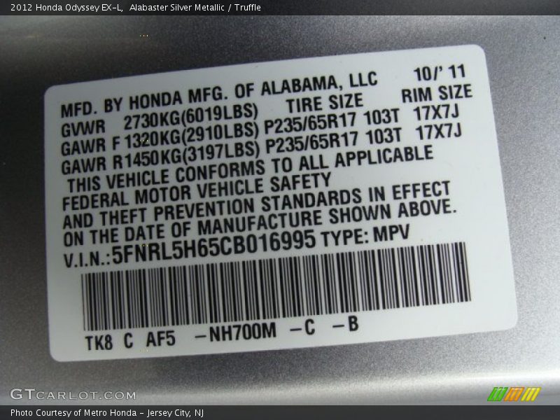 Alabaster Silver Metallic / Truffle 2012 Honda Odyssey EX-L