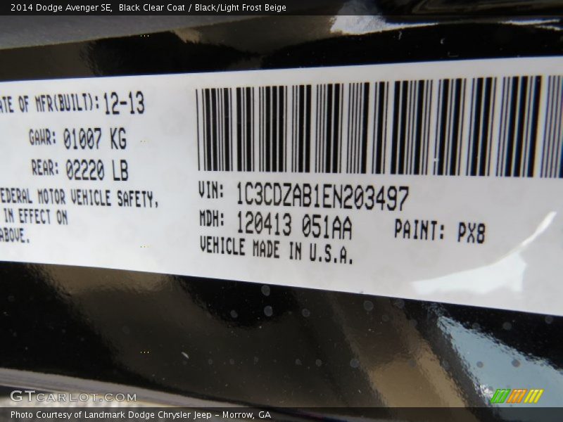Black Clear Coat / Black/Light Frost Beige 2014 Dodge Avenger SE