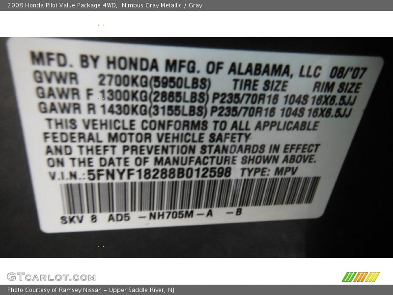 Nimbus Gray Metallic / Gray 2008 Honda Pilot Value Package 4WD